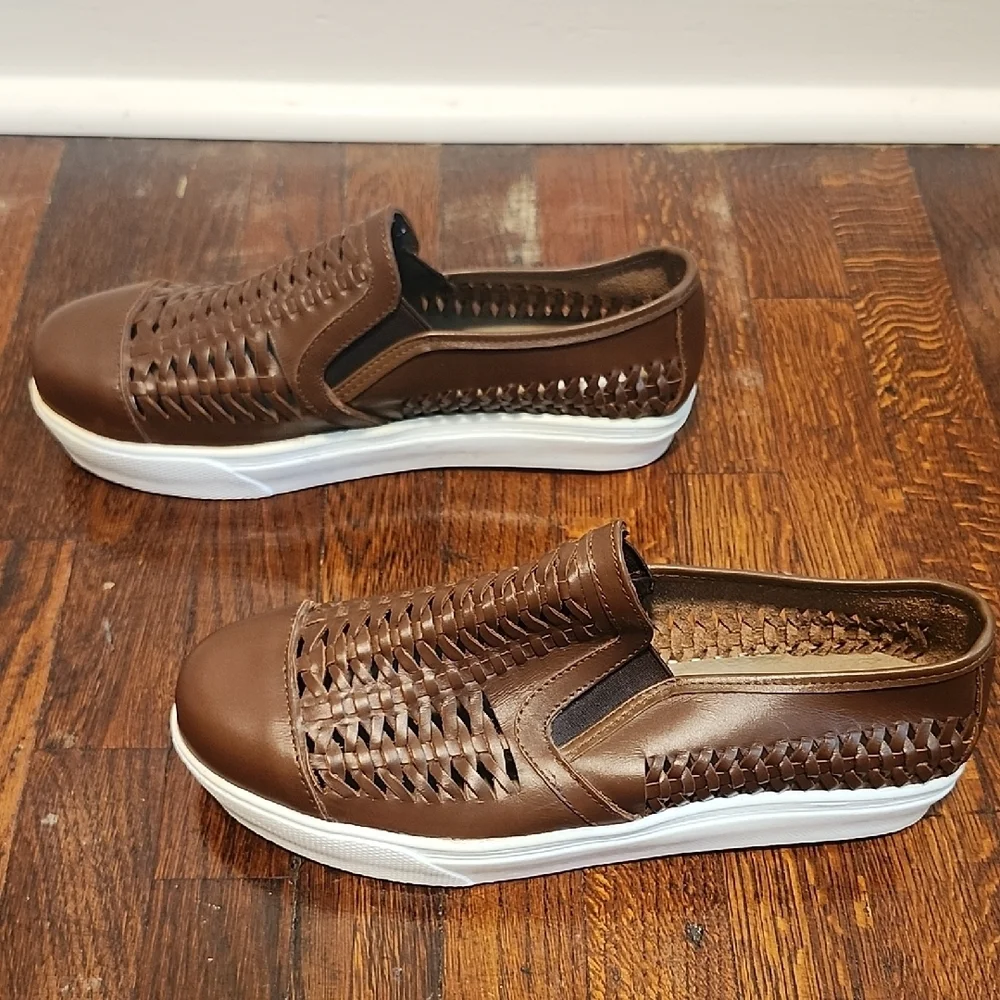 Hitchcock Wide Shoes Brown and White Slip-On Loafers with Woven Design